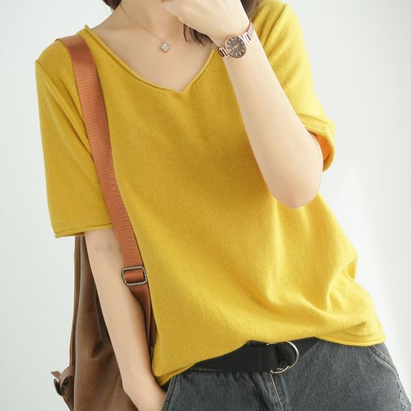 

20 selling short sleeve solid color computer knitted female v-neck t-shirt thin section comfortable soft female pullover, White