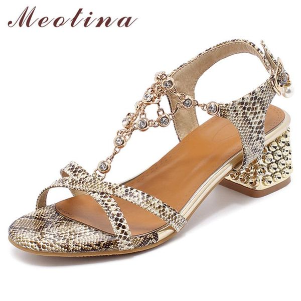 

meotina кристалл средний каблук сандалии круглый носок толстый каблук обувь змея печати женская обувь летняя мода сандалии дамы черный новый, Black