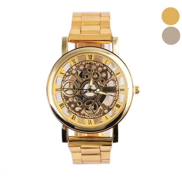

selling retro fashion men steel strip wristwatch mechanical gear men's gold hollow dial watches relogio mascul 2019 40q, Slivery;brown