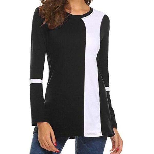 

2019 spring long sleeve t-shirt women casual loose tee shirt femme patchwork o-neck female t shirts office mujer, White
