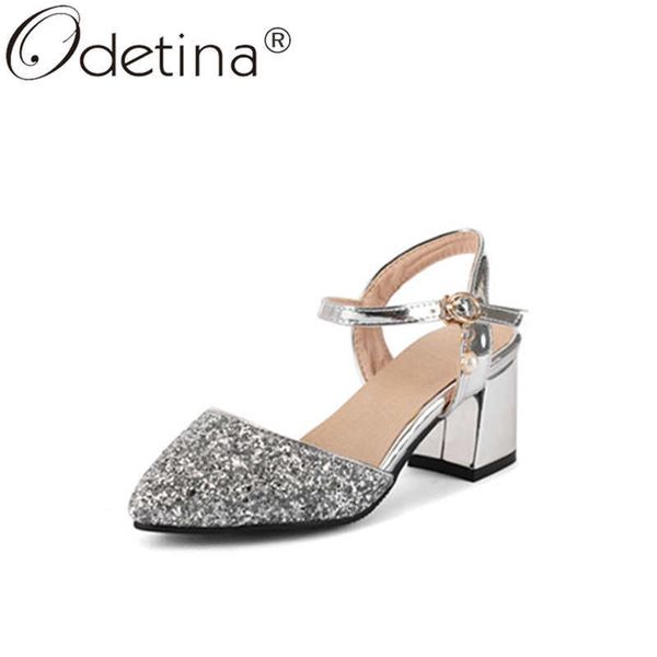 

odetina women fashion buckle strap slingbacks retro dress shoes female elegant block high heel almond toe glitter party shoes, Black