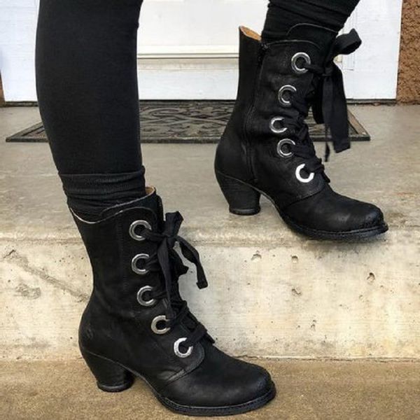 

boots women autumn winter pu leather high heels lace up vintage ladies shoes platform cross strap punk western booties, Black