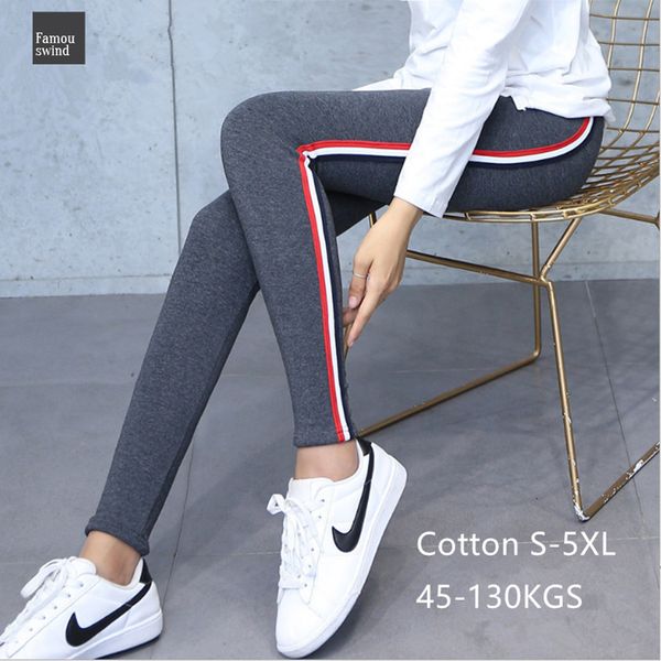 

качество хлопка фитнес гетры side stripes женщины повседневная legging брюки высокой талией леггинсы толстая женщина плюс размер 5xl, Black