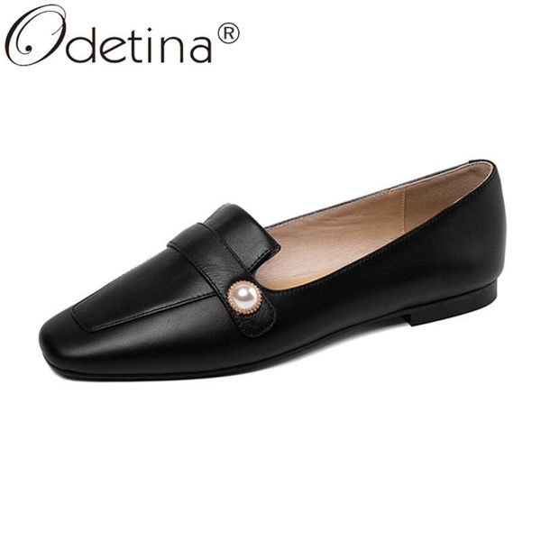 

odetina women fashion crystal sheepskin slip on ballet flats shoes lady concise non-slip sewing square toe vintage loafers shoes, Black