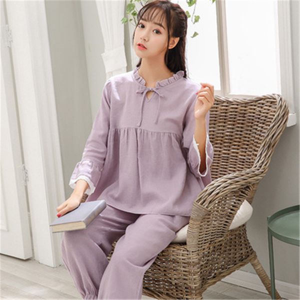 

new autumn women's pajamas 100% cotton double sleeve residence suit new pure cotton two-piece suit, Blue;gray