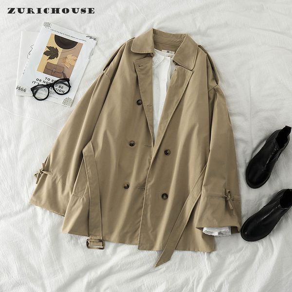 

zurichouse khaki female trench fashion spring coat 2020 loose fit retro double-breasted sashes women's windbreaker, Tan;black