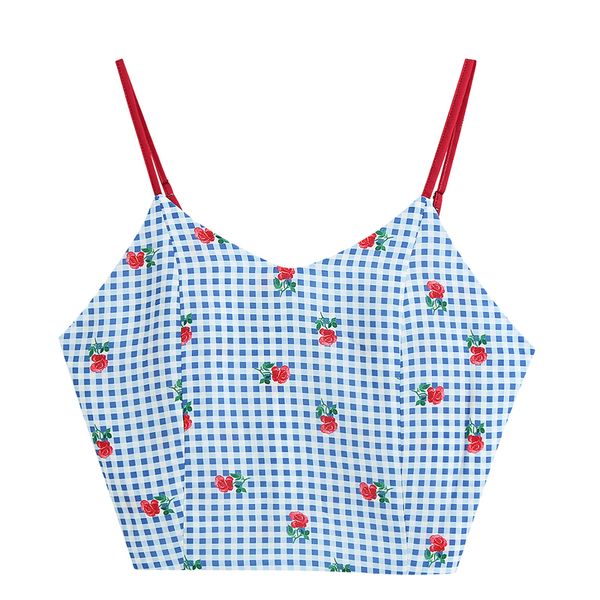 

harada plaid floral printed tanks women fashion elastic waist tank women elegant short tanks female ladies eac, White