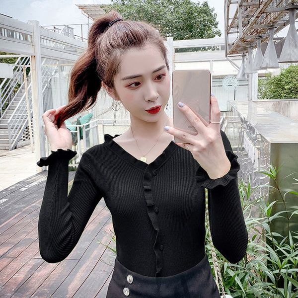 

fashion 2019 winter clothes ruffles v neck women sweaters and pullovers women casual solid color knitted sweater female jumper, White;black