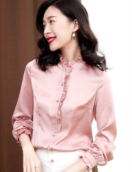 

luxury women's silk satin shirts plus size puff sleeve mock neck ruffle elegant ladies designer blouses slim runway office button shirt, White