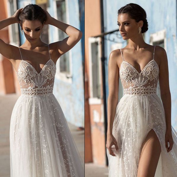 

2020 gali karten beach wedding dresses high side split spaghetti illusion boho bridal gowns sweep train backless bohemian wed207f, White