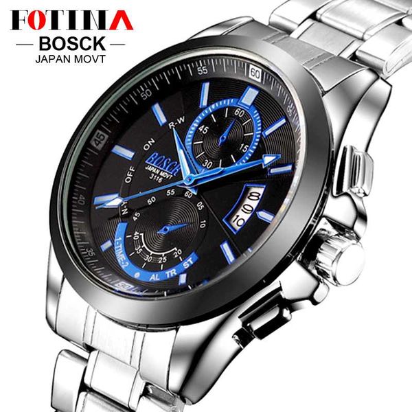 FOTINA Top BOSCK orologio da lavoro casual da uomo in acciaio inossidabile resistente all'acqua orologio al quarzo automatico giorno data orologi Montre Homme