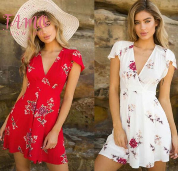 

womens summer boho short dress lady vestido v neck chiffon chic holiday sweet red bandage party beach floral sundress, Black;gray