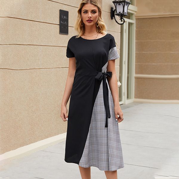 

2020 women's stitching waist mid-long dress, Black;gray