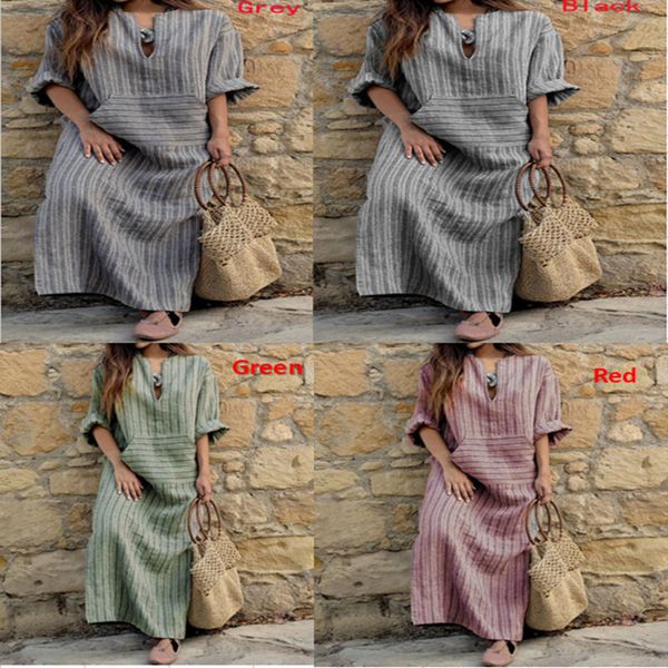 

2019 spring and summer fashion new large size women's cotton and linen pocket yarn-dyed loose long dress, Black;gray