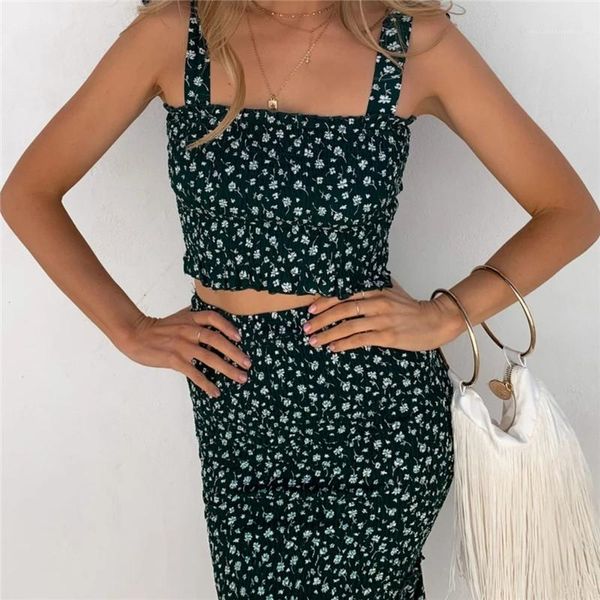 

fashion floral print suits casual sleeveless slash neck mid calf dresses womens designer two piece dresses, White