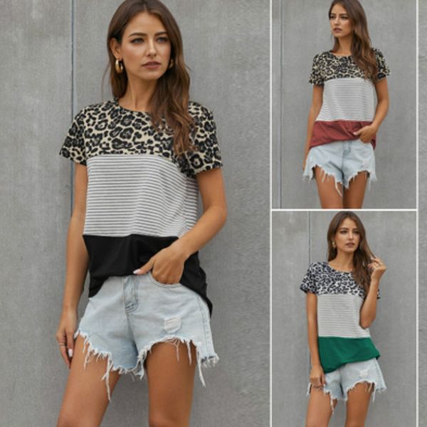 

womens designer t shirtleopard stripe short t-shirt girls round neck short sleeve plus size brand splice t-shirts wholesale, White