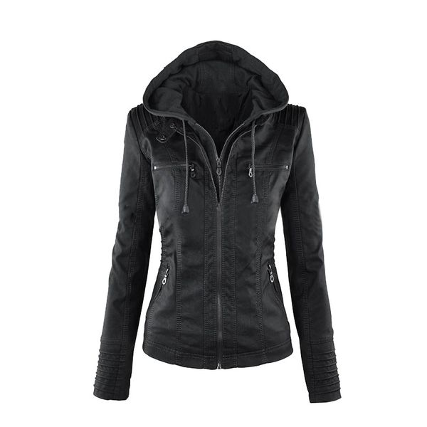 

puimentiua leather jacket women coat women faux leather jacket gothic motorbike pu coats outerwear hooded zipper ladies coat, Black