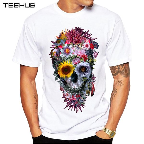 

2017 Men T Shirts Fashion Voodoo Skull Design Short Sleeve Casual Tops Hipster Flower Skull Printed T -Shirt Cool Tee