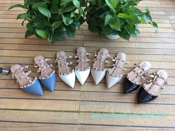 

women flat slippers slip on mules rivet t-strap slides slip on loafers ladies pointed toe 2-strap with studs sandals q-592d03, Black