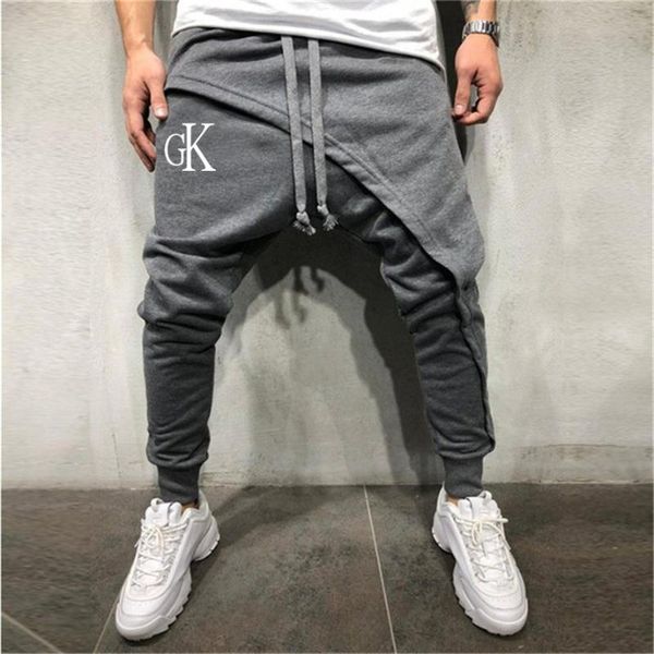 

men joggers sweatpants men's personality asymmetry hypotenuse layered running pants print troursers pencil pants, Black;blue
