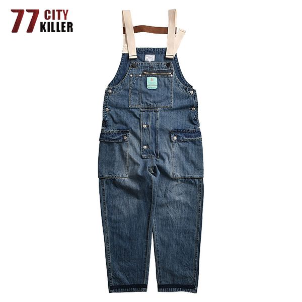 

77city killer denim overalls men streetwear cargo pants men worker multi-pocket washed joggers male quality retro bib trousers, Black