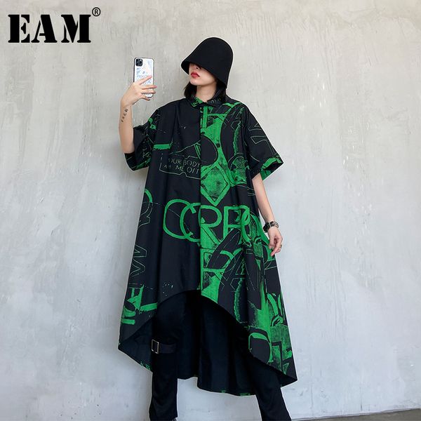 

eam] women black printed asymmetrical big size shirt dress new lapel half sleeve loose fit fashion spring autumn 2020 1r785, Black;gray