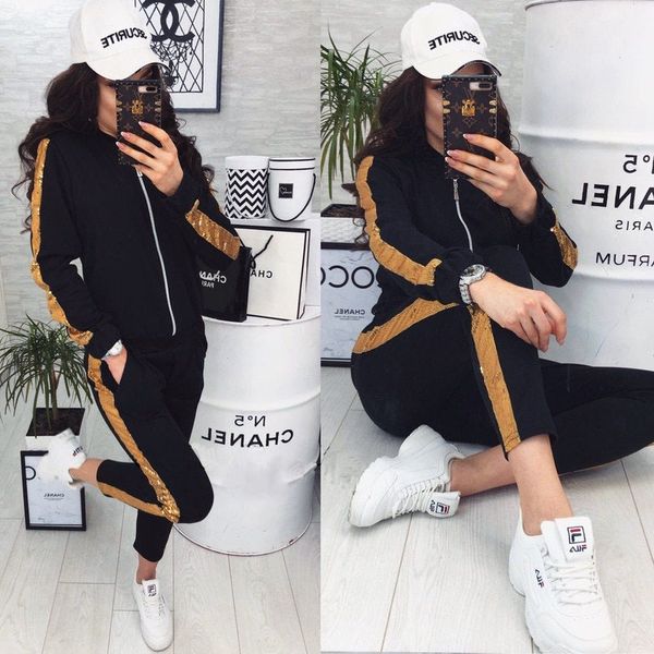 

womens solid color suit new fashion casual sequin stitching jacket trousers sports suit women 2020 winter new style selling high quality, White