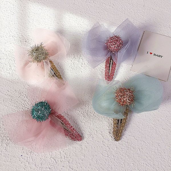 

korea style simple cute children hair pins silver wire hairball yarn bow sequins bb hair clips for girl fashion accessories, Slivery;white