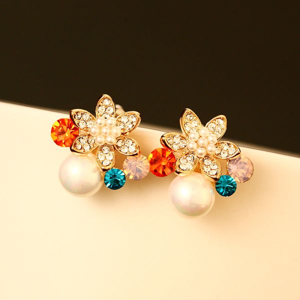 

очень красивая мода роскошный дизайнер красочный хрустальный цветок алмаз цирконий жемчуг супер блестящие серьги-гвоздики для женщин серебря, Golden;silver