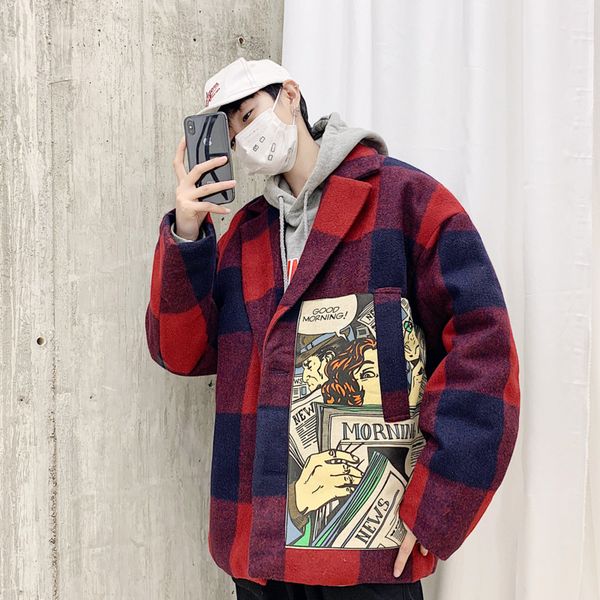 

winter jacket men fashion warm padded casual loose cotton plaid coat man parka trend cartoon patch street hip hop male clothes, Black