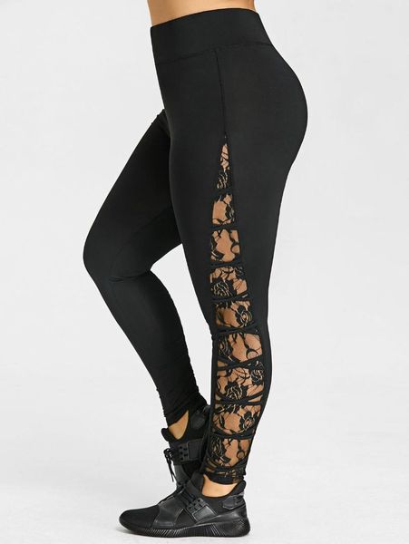 

wipalo high elastic waist leggings women criss cross plus size lace panel leggings female workout 2018 summer trousers 5xl, Black