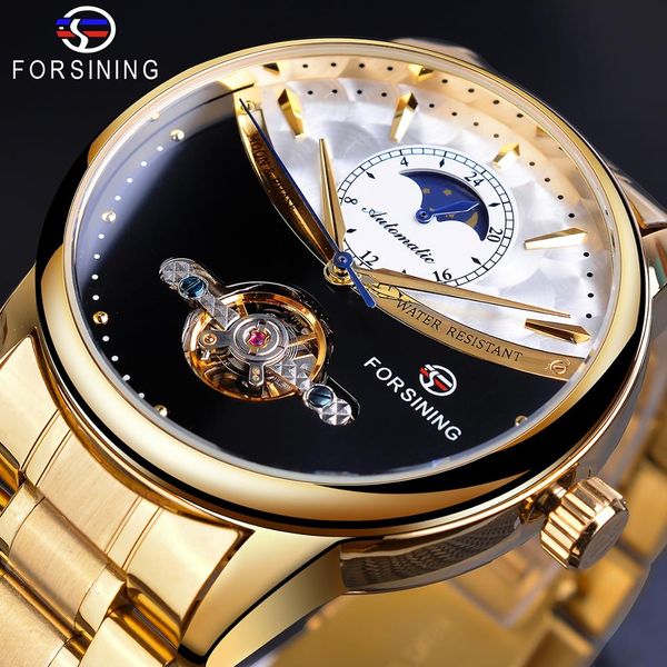 

forsining 2019 мужские автоматические наручные часы royal golden sun moon self-wind skeleton из нержавеющей стали диапазона механические час, Slivery;brown