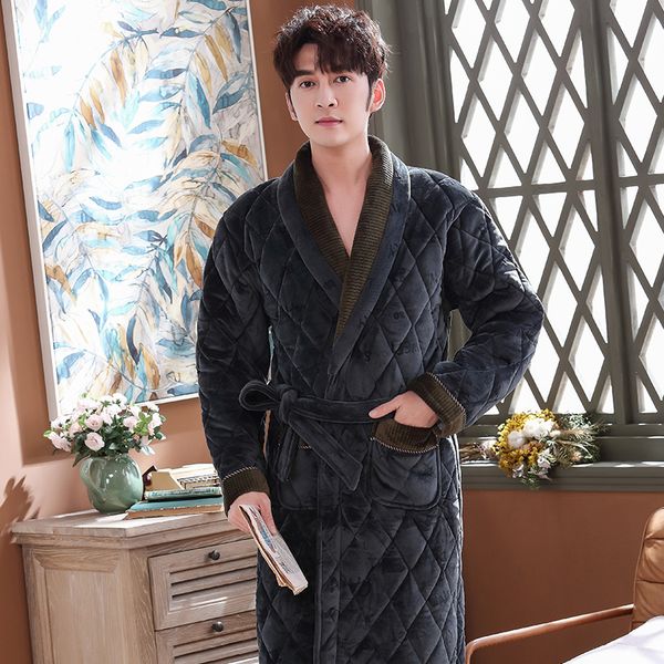 

men's winter letter jacquard bathrobe home clothes long sleeved flannel quilted robe coat male keep warm long bath robes xxxl, Black;brown