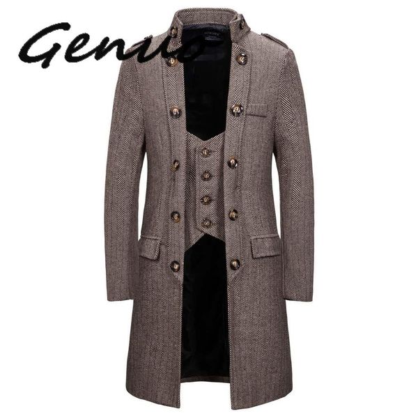 

genuo new vintage куртка для мужчин осень повседневный steampunk style пальто новая мода длинные лоскутное цвет обрезка outwear long coat, Black;brown