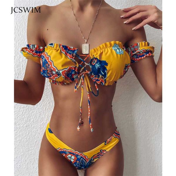 

bandage halter swimwear women print bikini mujer 2020 summer off shoulder swimsuit two pieces swim suit for women biquini