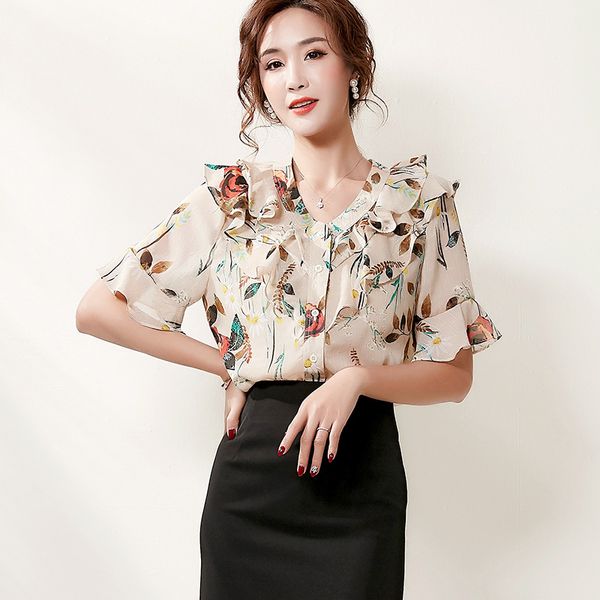 

elegant fashion women chiffon blouse summer short sleeve v neck ruffles patchwork shirts office lady blusas chic, White