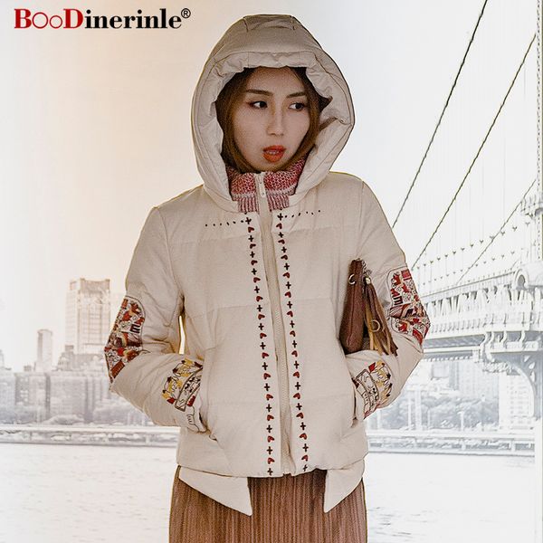 

women's down jacket female 2018 winter warm hooded short parkas beige vintage ethnic style embroidery coat for women yr165, Black