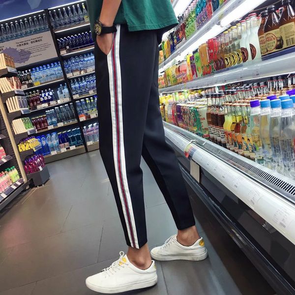 

fit casual pants ankle-length jogger pantalon sportswear slim men's pants trousers striped brand sweatpants gyms male hombre men ojxxm, Black
