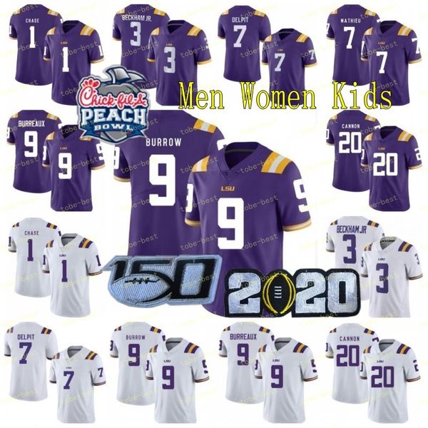 

lsu tigers burreaux jersey diamond patch 2020 peach bowl playoff college 9 joe burrow nickname beckham 7 delpit mathieu chase men women kids, Black