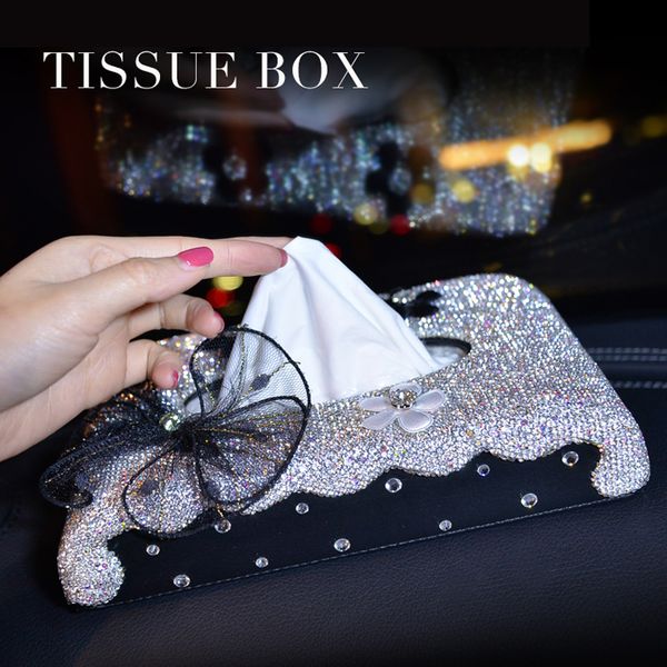 

luxury car tissue box rhinestone diamond auto tissue holder block-type box car styling bow crystal diamante bling cover