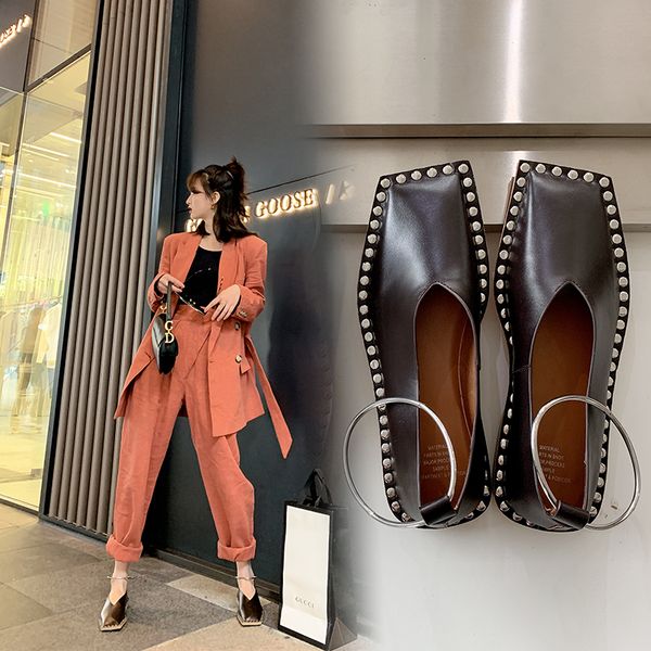 

ins women pumps genuine leather shoes 22-25cm length fashion personality square head rivets shoes woman handicraft, Black