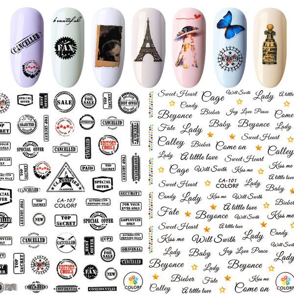 

1pc english letter flower heart nail art sticker decals tips tool 3d wraps diy manicure slider decor, Black