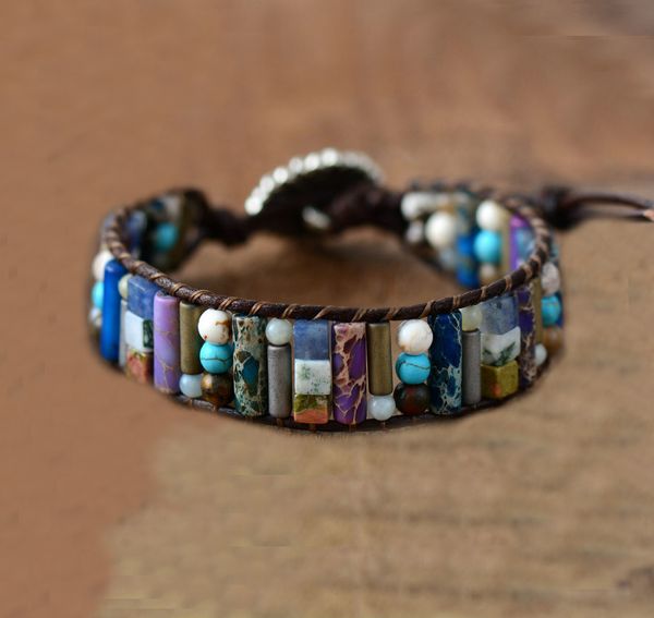 

women boho bracelet tube shape natural stone single leather wrap bracelet semi precious stone beaded cuff dropship, Black