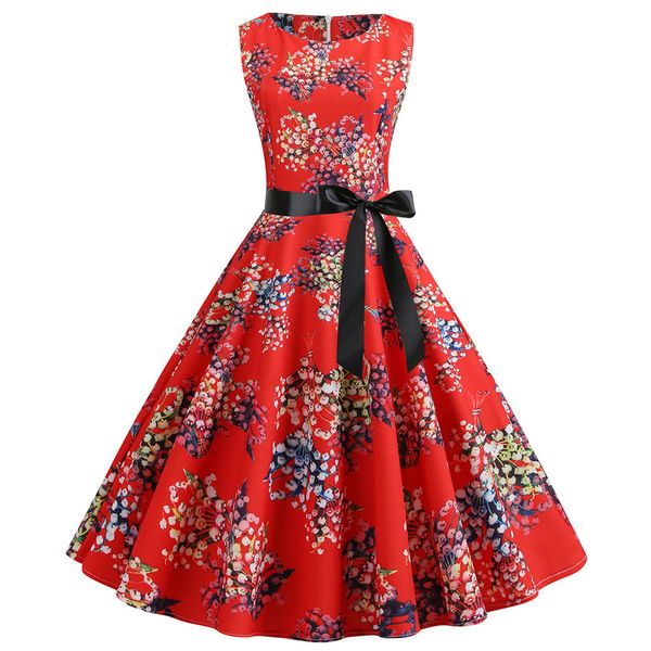 

women's dresses vintage retro pleated vadim sleeveless o neck print party swing dress summer mid-calf vestidos de festa f26, Black;pink