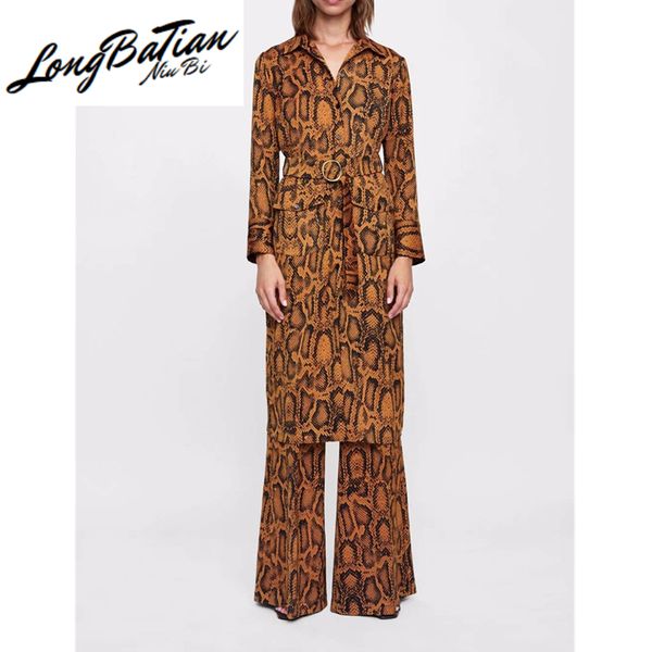 

women set autumn shirt long dress + ethnic snake pattern print wide leg pants suit vintage trousers two piece sets, White