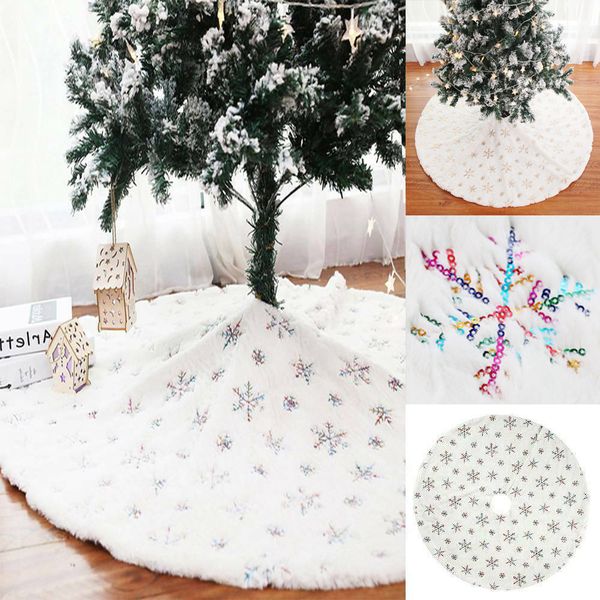

luxury christmas tree skirt base snowflake sequin double-layer plush faux fur floor mat xmas party decor 90cm in diameter
