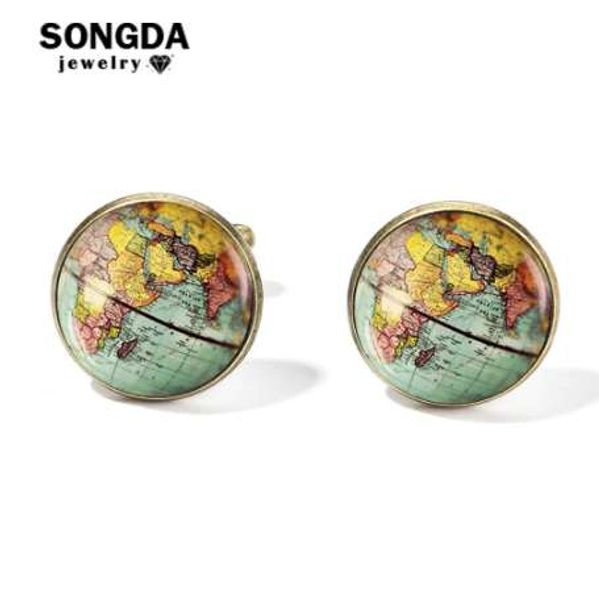Songda Vintage Toprak Dünya Haritası Kol Düğmeleri Küre Gezegen Sanat Fotoğraf Kristal Cam Kubbe Gömlek Erkekler için Cuff Linkler Kişiselleştirilmiş Gemelos