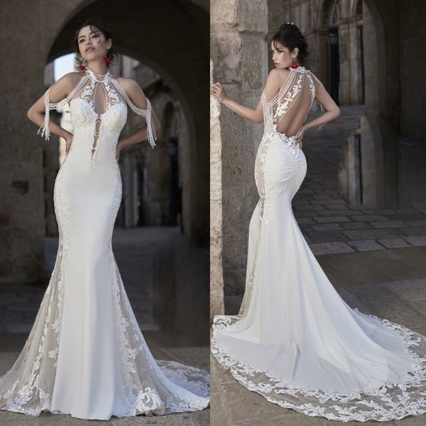 

elegant luisaspo mermaid wedding dresses halter sleeveless backless tulle lace applique tassel beads wedding gown sweep train robe de mariÃ©e, White