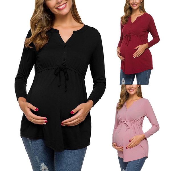 

women pregnant clothes maternity long sleeve solid color v-neck nursing cotton t-shirt for breastfeeding ropa embarazada, White