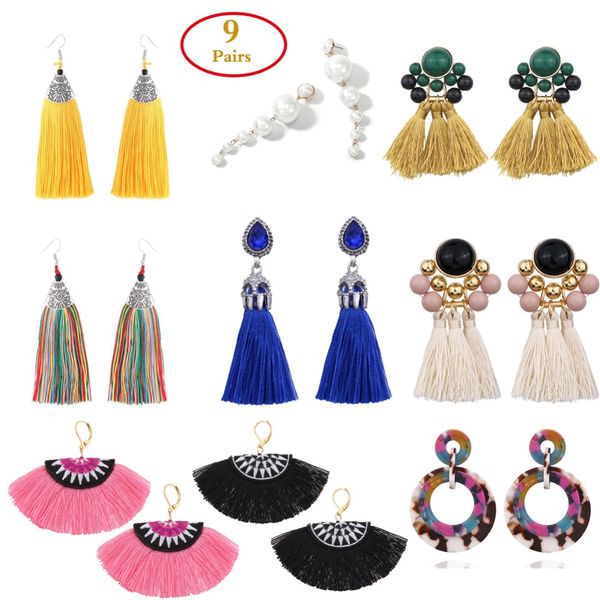 

9 pairs/set new boho tassel earrings set for women bohemia long fringe pearls earrings circle dangle earring with rhinestone, Silver